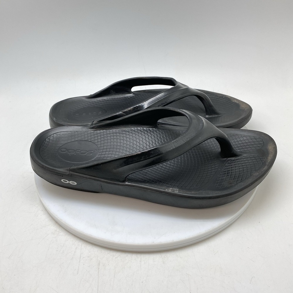 Oofos Womens 10 US 41 OOlala Recovery Sandal Black Shiny Thong Flip Flop Slides